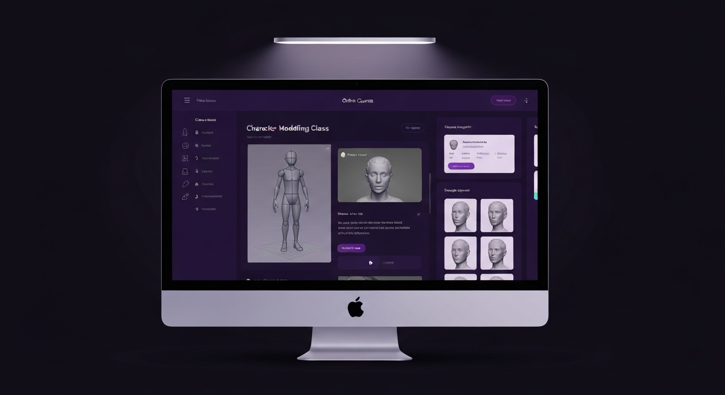 CGMA screen mockup showing character modelling course dashboard.