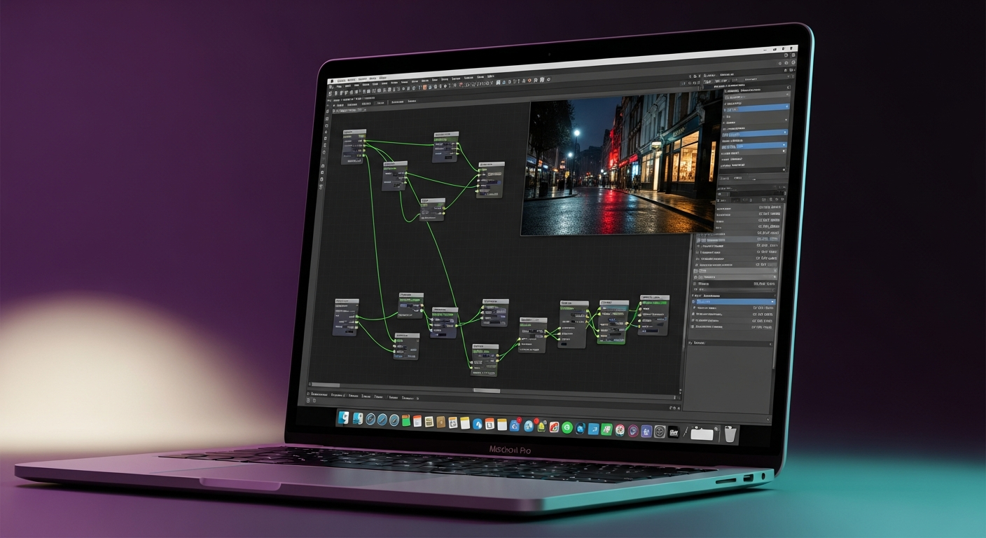 Escape Studios London screen mockup showing Nuke compositing lesson.